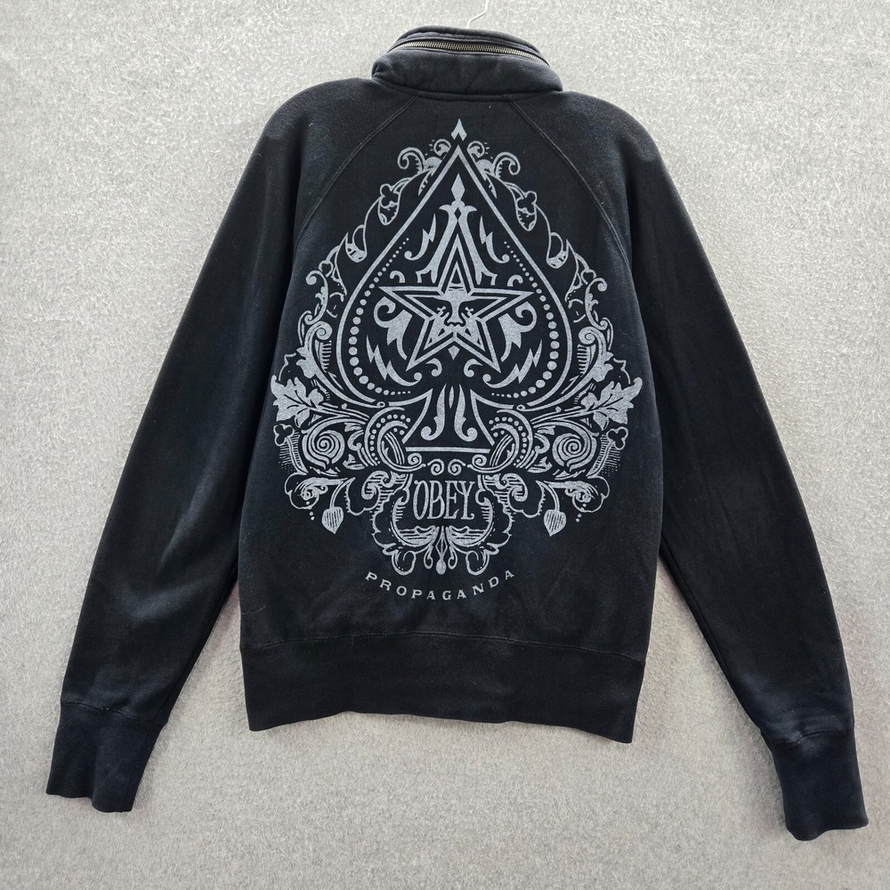 Obey Women Jacket Small Black Spade Floral Logo Full Zip Pockets Long Sleeve